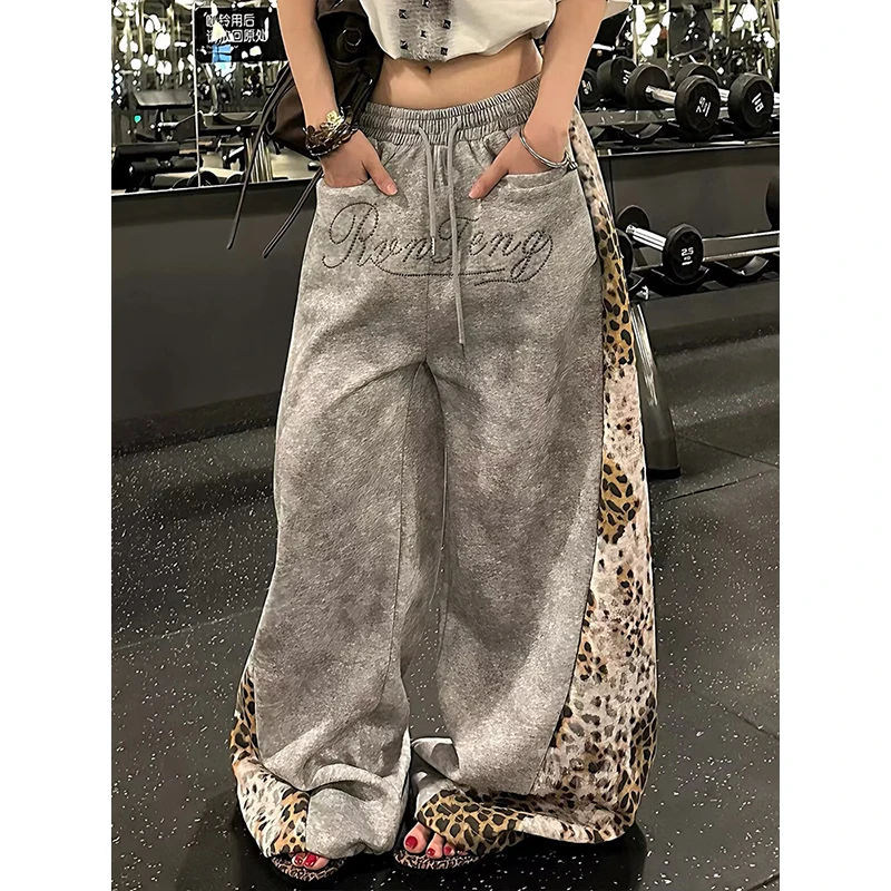 Women Gray Baggy Pants Oversize Sweatpants Leopard Long Pants Harajuku Japanese 2000s Style Y2k Vintage Trousers Clothes