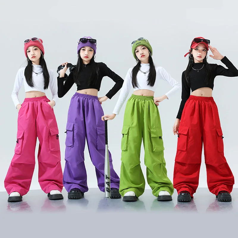 

Kid Kpop Hip Hop Clothing White Black Crop Top Long Sleeve T Shirt Casual Cargo Pants for Girl Jazz Dance Wear Costume Clothes