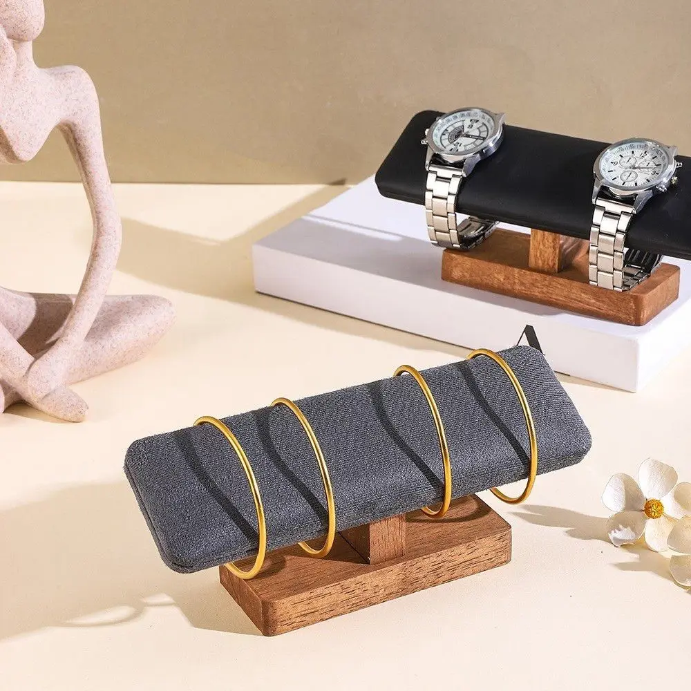 Wooden Jewelry Display Rack Space Saving Single Layer Bangles Holder T-bar Velvet Bracelet Organizer Home Decoration