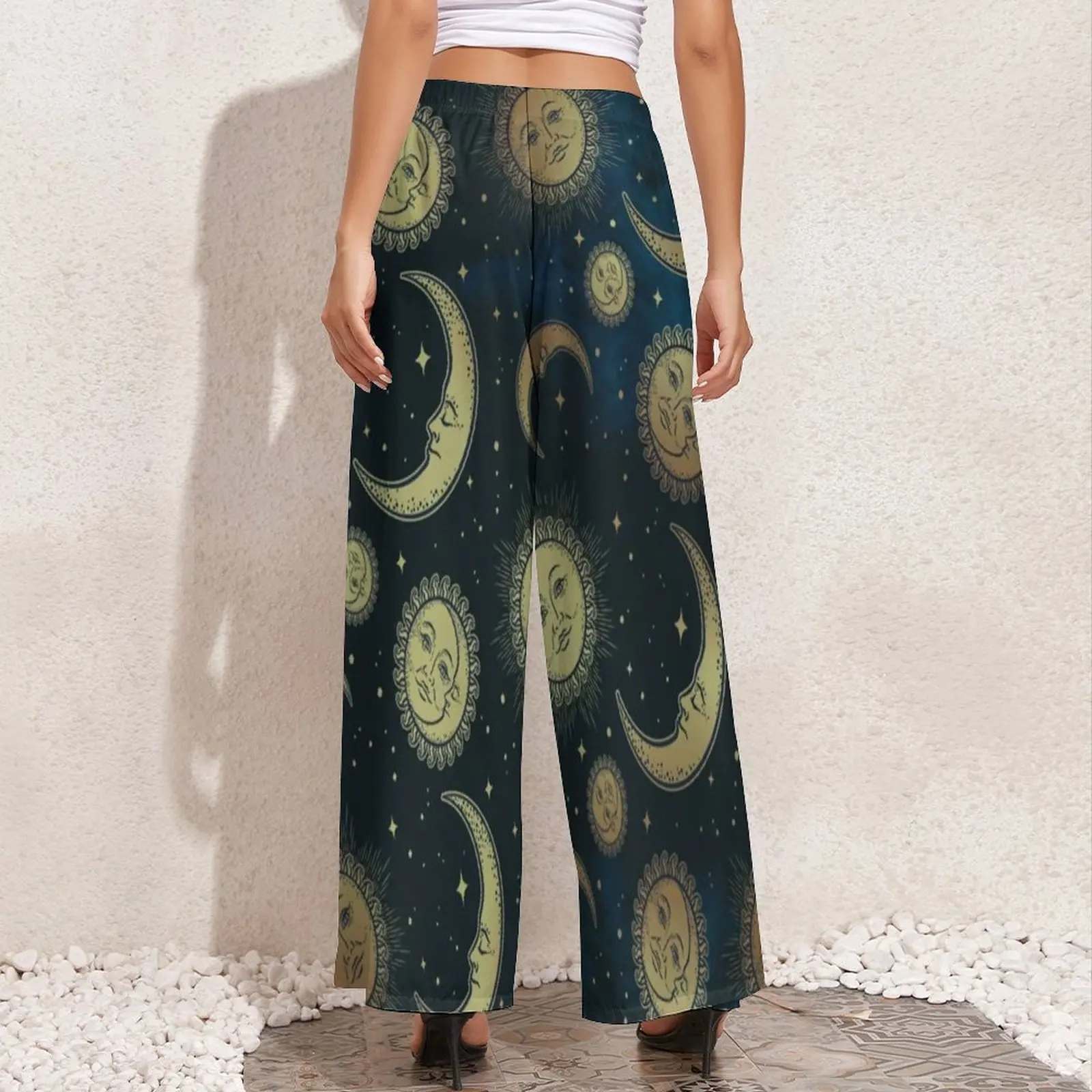 Pantalon Droit Vintage à Jambes Larges pour Femme, Vêtement Style Rétro, Soleil, Lune et Étoiles, Nuit Céleste, Sexy, Motif Esthétique