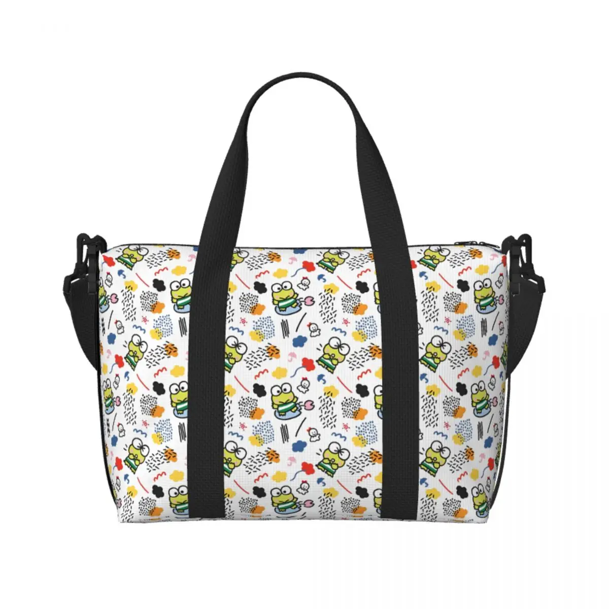 

Custom Adorable Keroppi Beach Tote Bag for Women Extra Large Gym Carry On Big Eyed Cartoon Frog Travel Shopping Bags
