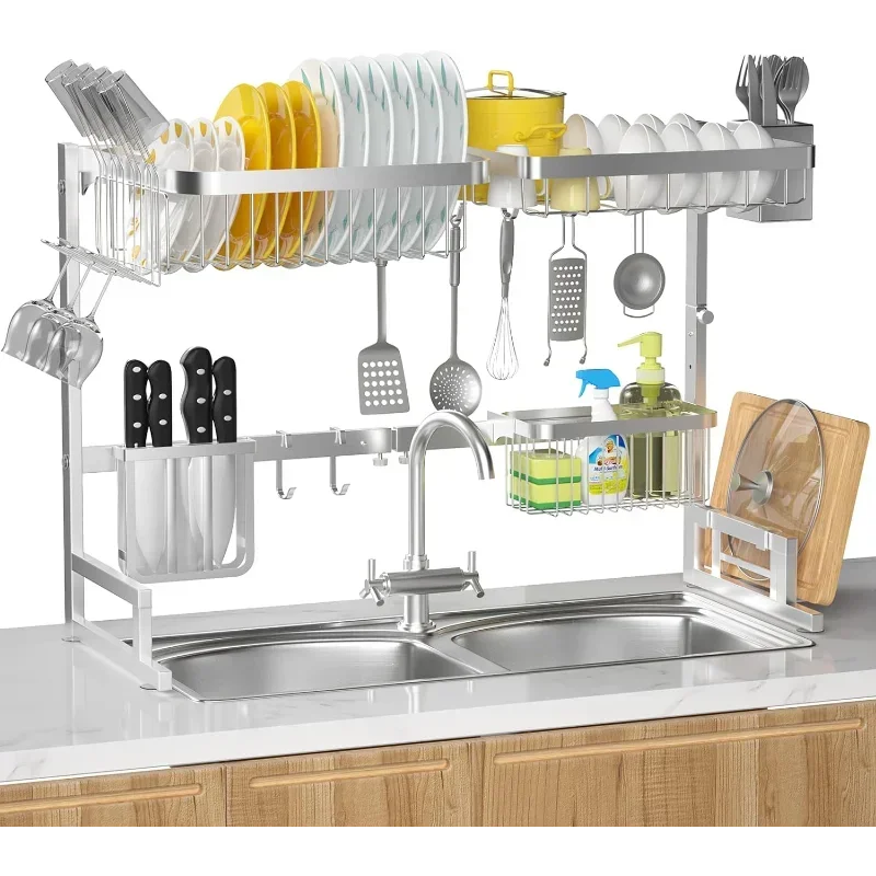 

Stainless Steel Over The Sink Dish Drying Rack Adjustable Height & Length Dish Drainer with Cutting Board Holder