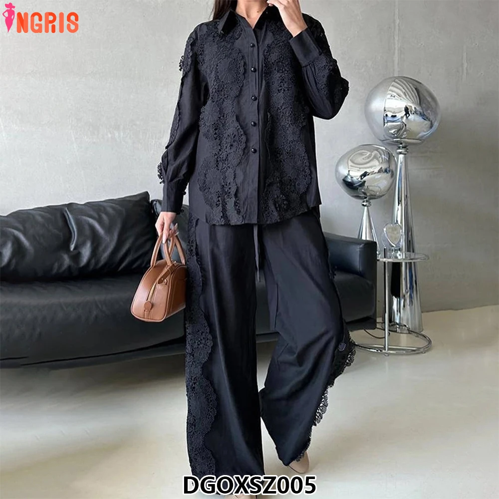 

New Fashion Loose Lace Embroidery Casual Shirt Trousers Suit Women's Two-piece Suit-DGOXSZ005