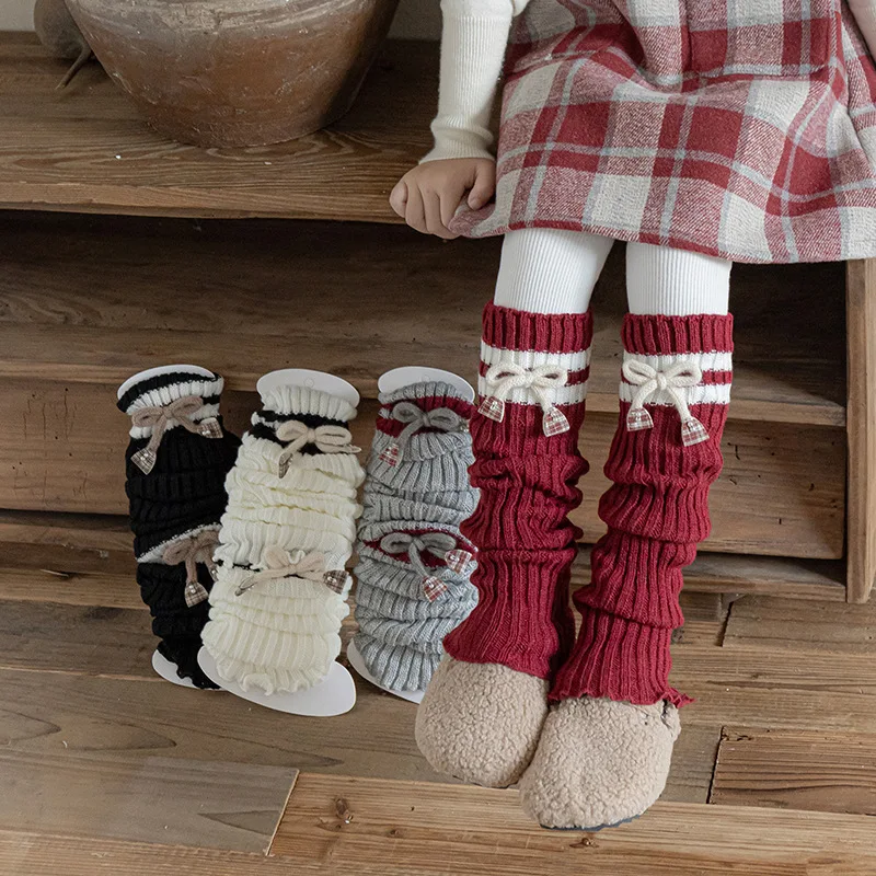 

40cm Baby Girls Knitted Leg Warmers Striped Ruffle Stacked Socks with Bowknot Plaid Charm Decor 2025 Cute Kids Girl Winter Socks