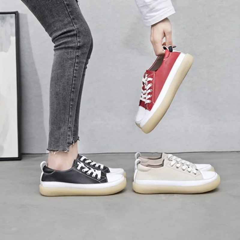 Women Spring Sneakers 2023 New Genuine Leather Trend Color Matching Women Shoes Flat Lace-up Casual Girl Student Shoes