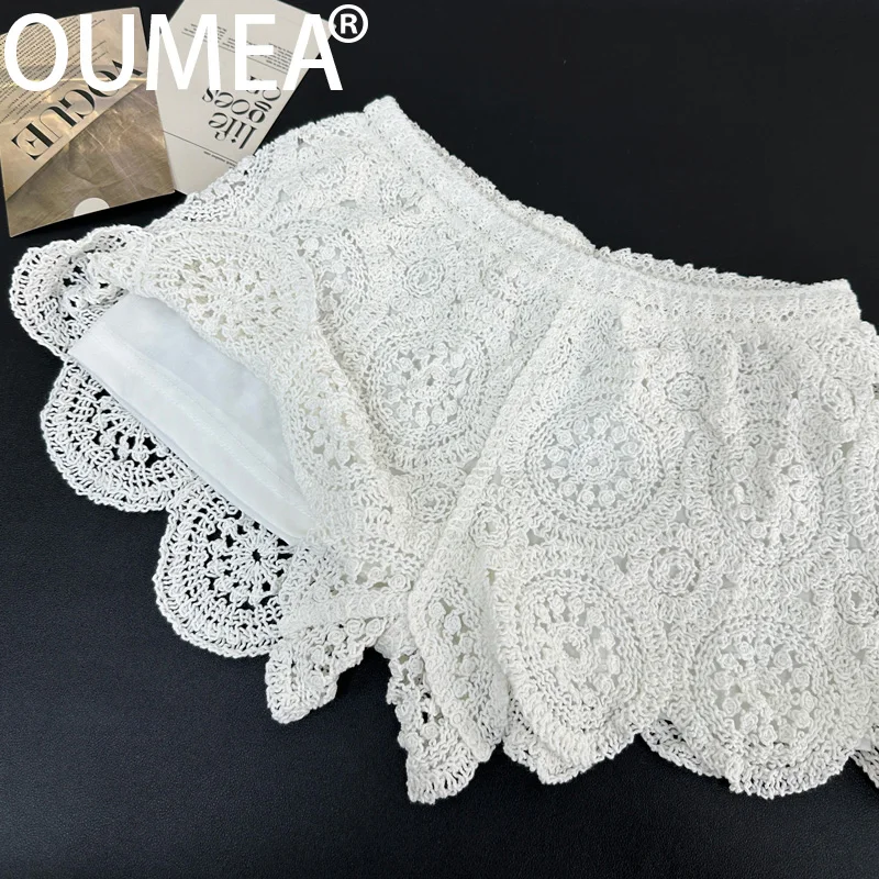 OUMEA Women Cotton Crochet Two Pieces Sets Beach Styles Tank Tops Elastic Shorts Slim Fit Casual Sets For Holiday