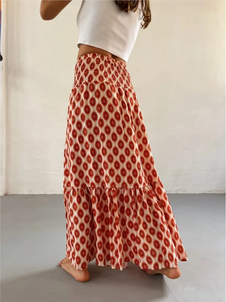 Fashion Women Skirts Spring Summer New Casual All-match Skirt Loose Elastic Waist Floral Print Ethenic Style Boho Skirt