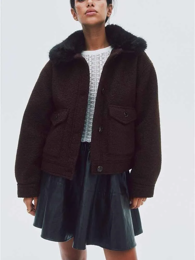 

Зимнее новое модное женское свободное повседневное простое универсальное саржевое пальто с длинными рукавами в европейском и американском стиле с меховым воротником