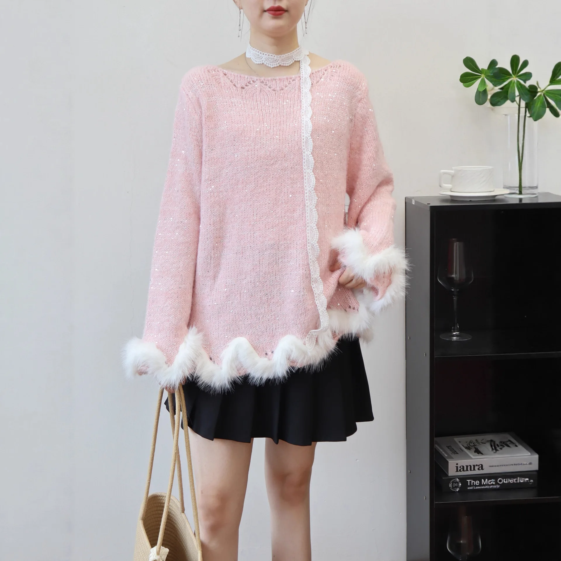 Süße Koreanische Gestrickte Pullover Frauen Herbst Winter Faux Pelz Jumper Weibliche Japanische Kawaii Jumper Vintage Elegante Pullover
