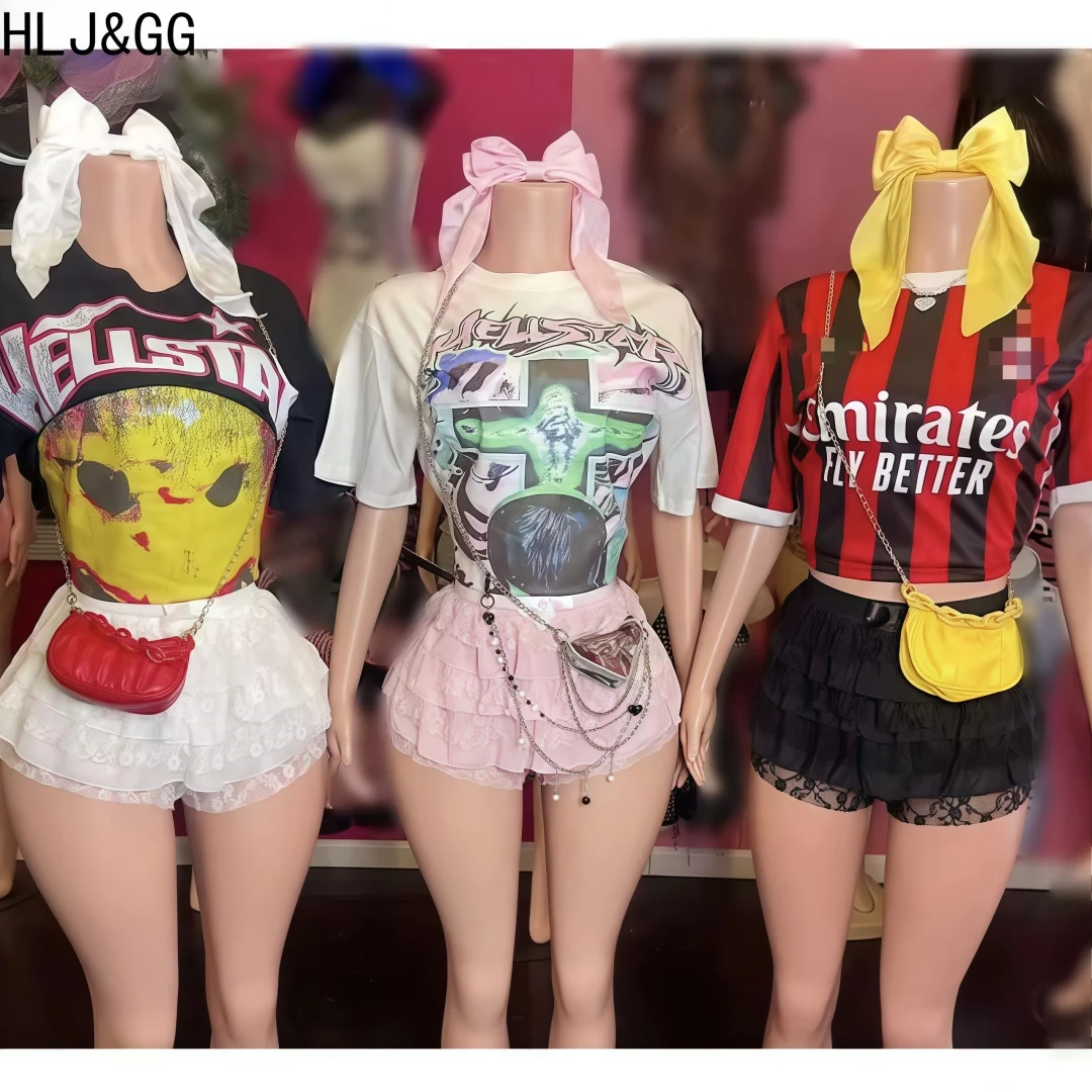 

HLJ&GG Fashion Y2K Streetwear Women Graffiti Print Cotton O Neck Loose Tshirts + Lace Ruched Skirts Shorts Two Piece Sets Outfit