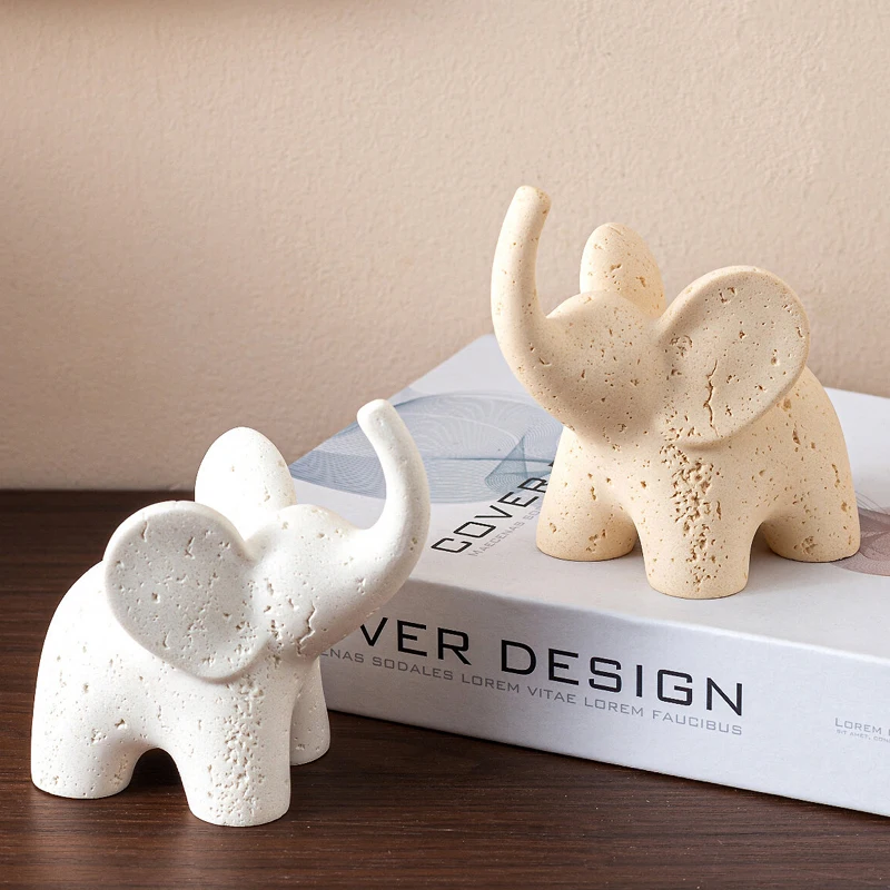 Elephant Statue Resin Travertine Texture Figurine Home Decor Desktop Ornament Living Room Office Tabletop Decoration Gift