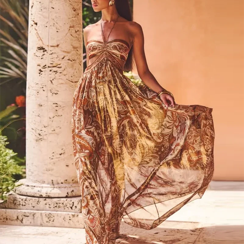 Sexy Sling Backless Pleated Long Dress Woman Elegant Boho Print Hollow Strapless A-Line Dress Holiday Sleeveless Lace Up Dresses
