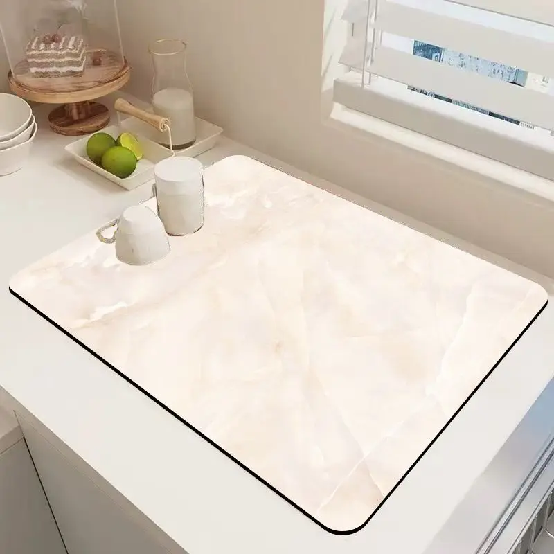 VIKAMA Light Beige Marble Texture Coffee Mat Waterproof Non Slip Quick Drying Kitchen Coffee Machine Mat Non Slip Counter Mat