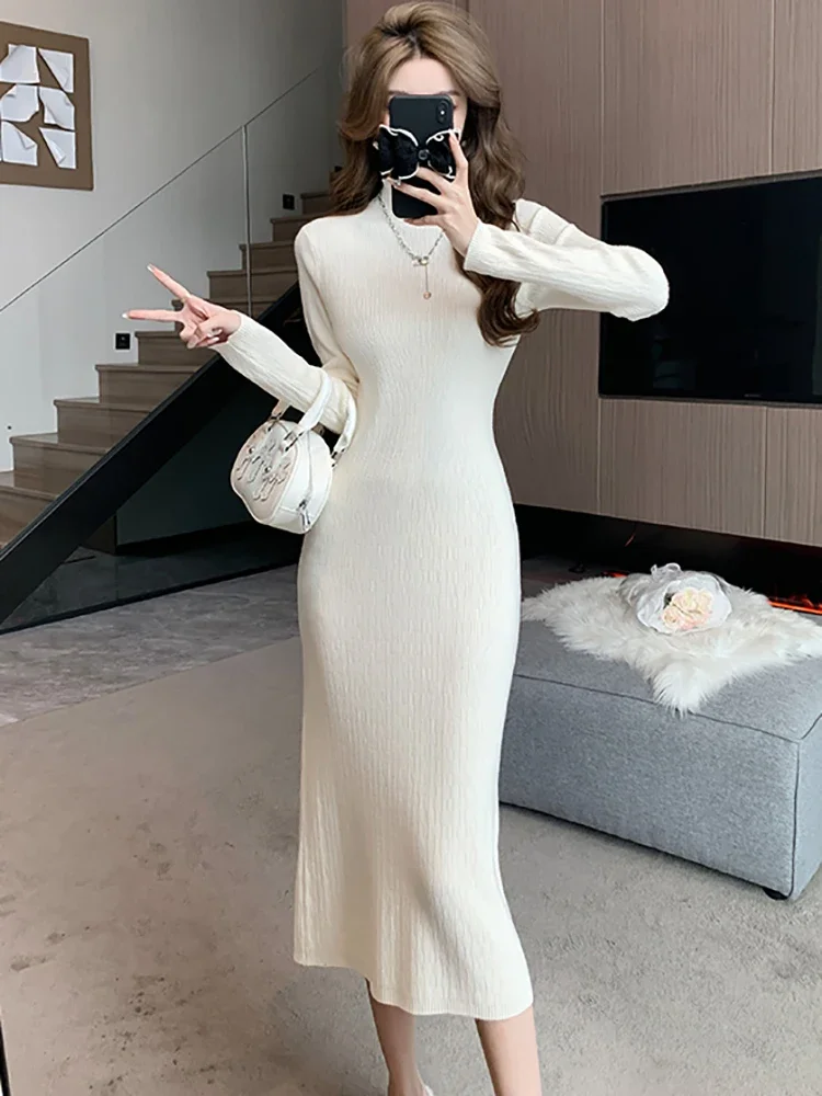 Women Solid Knitted Turtleneck Thick Warm Sweater Dress Autumn Winter Long Sleeve Bodycon Long Dress 2024 Korean Vintage Dresses