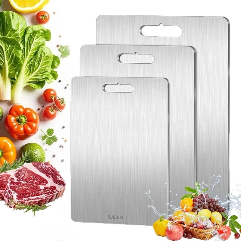 Paquete de 3 tablas de cortar de acero inoxidable, juego apilable para ahorrar espacio, antibacteriano, fácil de limpiar, inodoro, herramienta de cocina segura