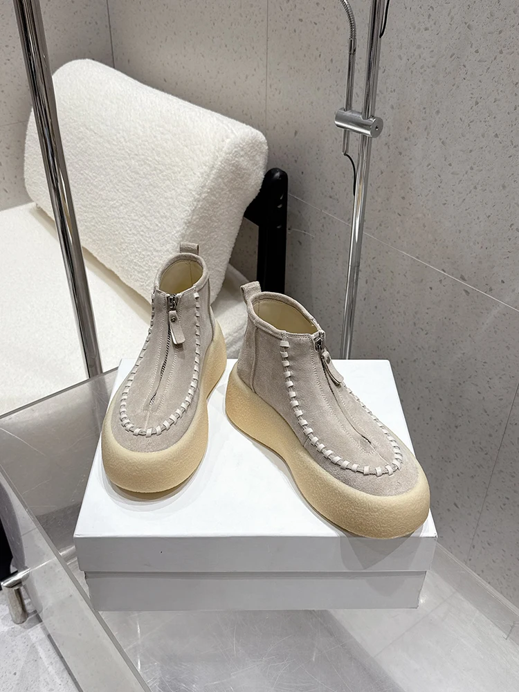 

Spenneooy Autumn Winter Woman New style Genuine leather Material Round head Zipper Design Versatile Flat bottom Short boots