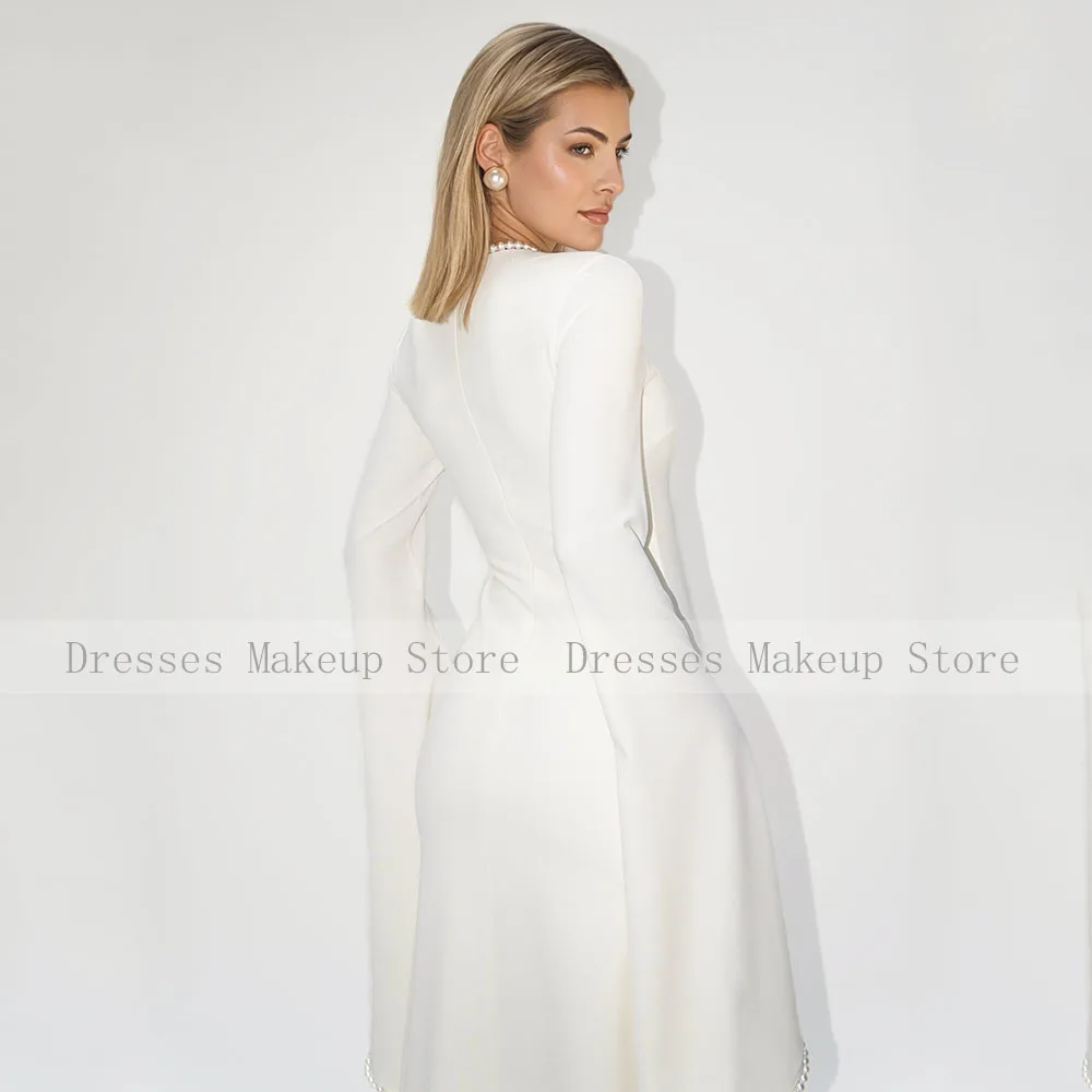 فستان سهرة متواضع لؤلؤي رقبة دائرية وأكمام طويلة على شكل حرف A فساتين سهرة عصرية للنساء بطول الأرض فساتين زفاف عاجية للضيوف #6