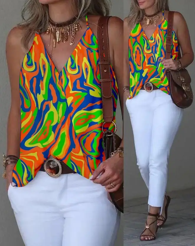 

Fashion Female Clothing 2024 Summer Daily Casual Women Blouse Tops Elegant Abstract Print Halter V-Neck Sleeveless Wrap Tank Top