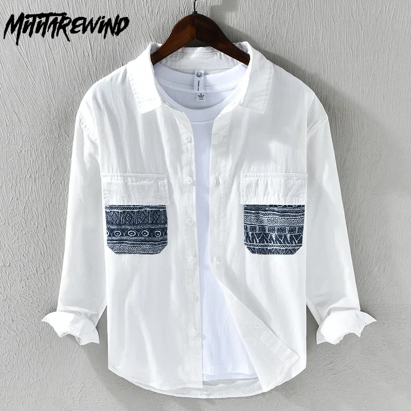 

Белая рубашка в корейском стиле, мужская повседневная рубашка из 100% хлопка, повседневная рубашка с длинными рукавами и карманами, рубашка с принтом, новая весенняя мужская одежда