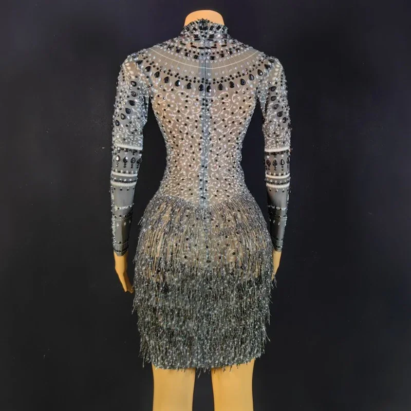 フル真珠ラインストーンドレス手袋セクシーなメッシュフリンジドレス女性の誕生日祝うドレスステージフェスティバル衣装 XS6749