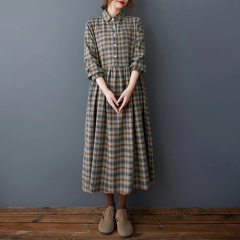 NYFS 2025 Spring New Korea Loose Vintage Woman Dresses Vestidos Robe Ete Femme Long Sleeve Plaid Long Dress