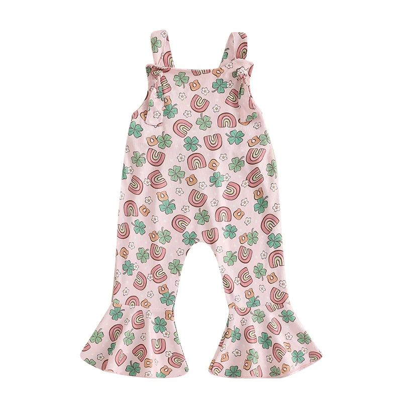 Kids Girls Overalls Rainbow Shamrock Print Spring Flare Pants Clothes for Irish Holiday