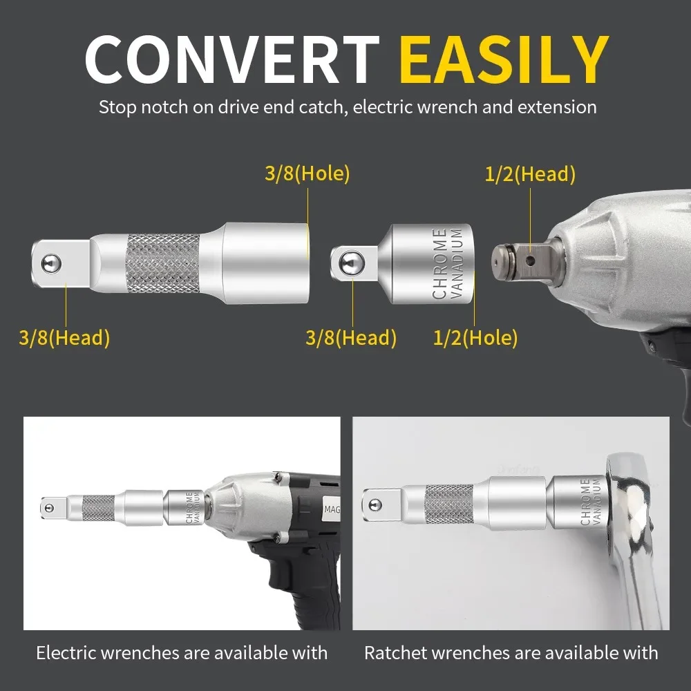 Socket Adapter Set 1/2 3/8 1/4 CR-V Chrome Vanadium Steel Ratchet Wrench for Car Bicycle Garage Home Repair Tools