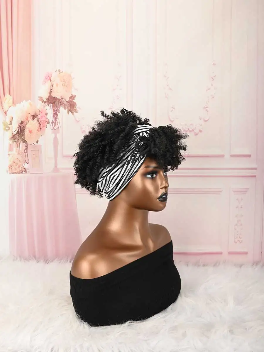 Headband Wig Curly Headband Wig With Bangs For Women Synthetic Afro Curly Hair Wig With Headband Attached Short Kinky