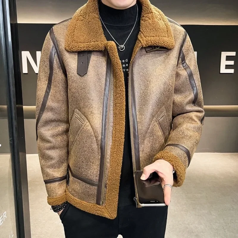 

Warm Thicken Leather Coat Solid Color Casual Large Size Outwear Winter Men Fur Integrated Biker Leather Jacket Male Trend Retro