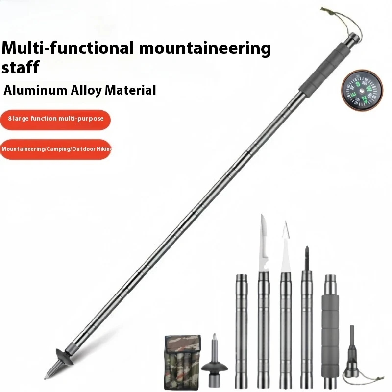 

5-Section Foldable Trekking Poles, Multifunctional Aluminum Hiking Stick with Compass for Outdoor Camping
