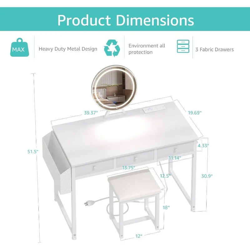 White Makeup Vanity Desk with Mirror and Lights, 40 inch Make Up Vanity Desks with Fabric Drawers & Power Outlet, Dressing