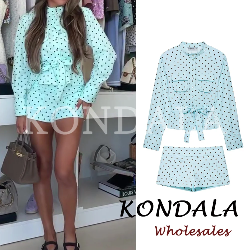 KONDALA Chic Casual Blaues Gepunktetes Damen-Outfit Knopf-Schleifenhemd+Reißverschluss-Mini-Shorts Mode 2026 Y2K Strand Streetwear Mujer Set