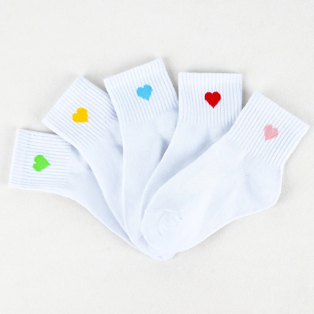 5 Pairs Girls Socks Cute Heart Pattern Comfortable Kids White Socks