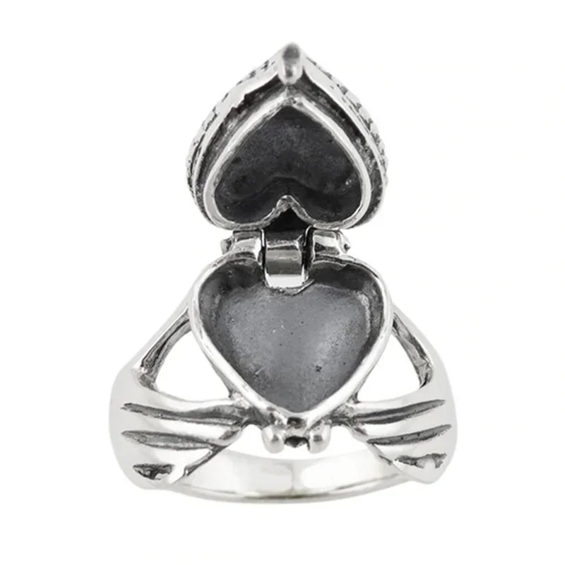 Unique Heart Love in Hand Locket Coffin Ring Secret Small Room Openable Lid Ring for Men Women Party Jewelry