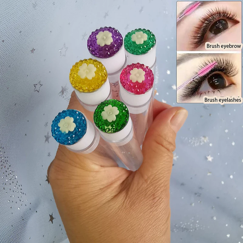 Asta di cristallo glitterato asta di cristallo a forma di fiore e diamante applicatore di pennelli per ciglia estensione tubo di Mascara in plastica