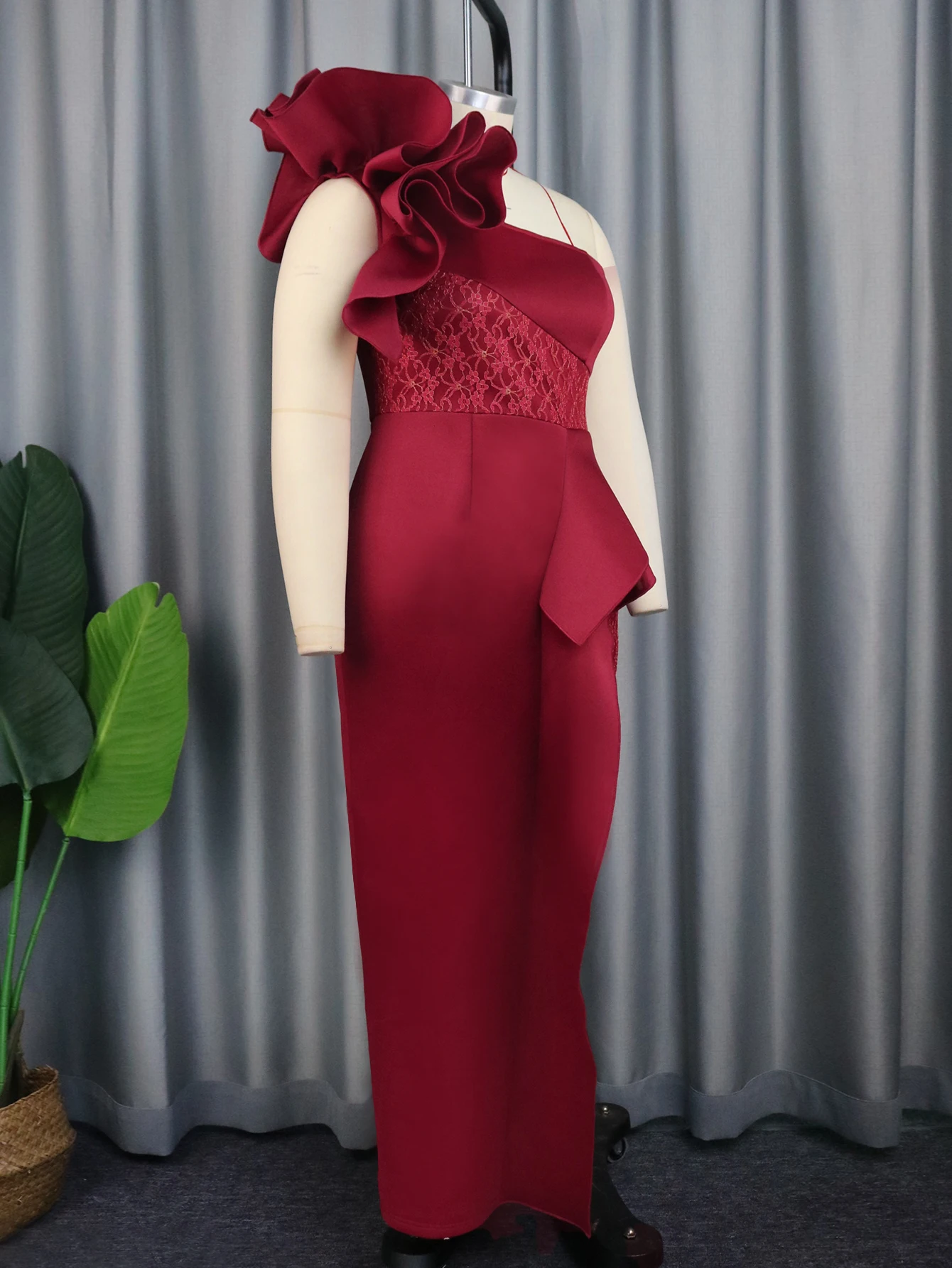 AOMEI Wine Party Dress una spalla Ruffles Sexy Bodycon vita alta Patchwork di pizzo abiti da sposa asimmetrici da sera Vintage