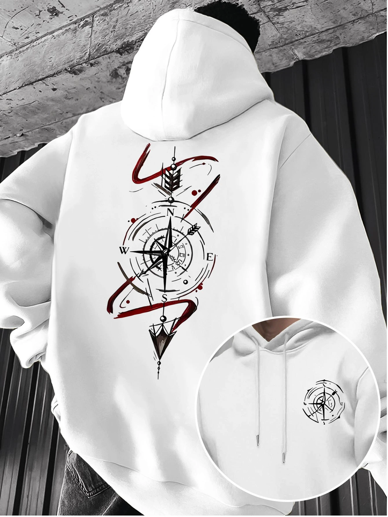 Vintage Compass Arrow Casual Print Hooded Sweatshirt for Men, Outdoor Niche Trend Pullover Long-Sleeve Hoodie