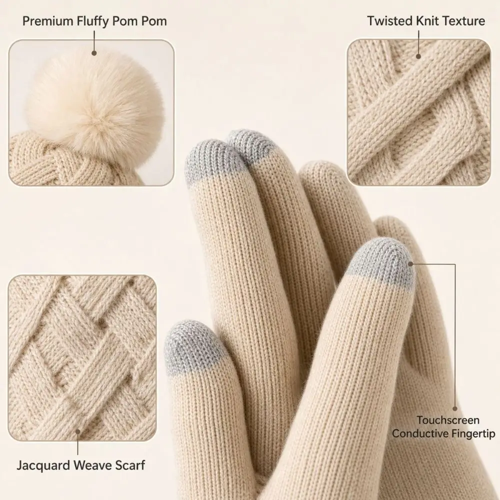 3Pcs/Set Warm Winter Hat Scarf Gloves Set Thicken Windproof Scarf Neck Warmer Suit Knitted Elastic Knit Beanie Snood Set Unisex