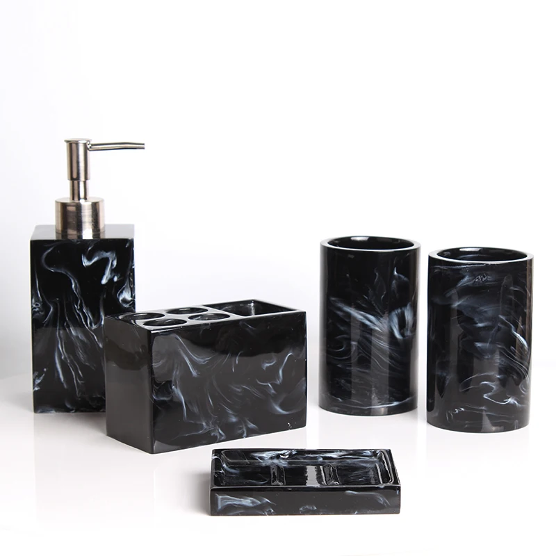 Marble Texture White Resin 5-Piece Bathroom Accessories Set Wedding Decoration Kit Toothbrush Holder Cups Home Gift