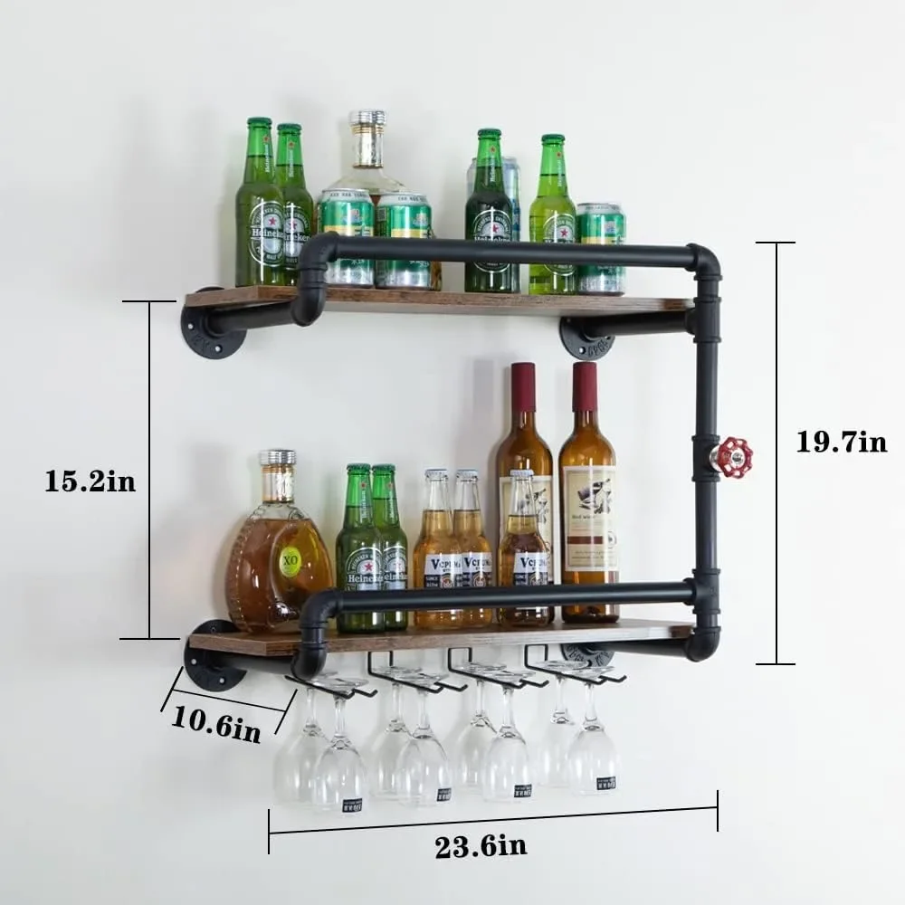 Stojak na wino montowany na ścianie 2-poziomowy - wiszące pływające półki na mini bary z uchwytem na szkło do przechowywania