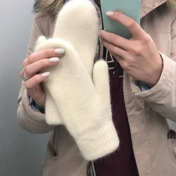 Gants en peluche pour femmes, 1 paire, pour garder au chaud en hiver, élastiques, doux, doigts complets, mitaines Imitation fourrure de lapin, gants tricotés à la mode pour filles