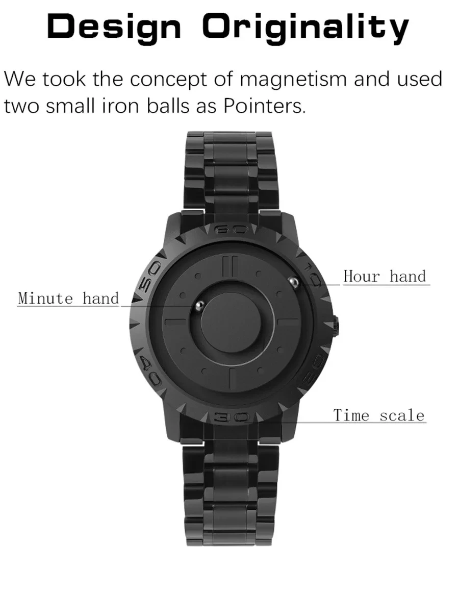 EUTOUR-Montre à quartz en acier inoxydable avec boule magnétique pour homme, montre-bracelet de sport étanche, horloge masculine, mode de luxe, 2024