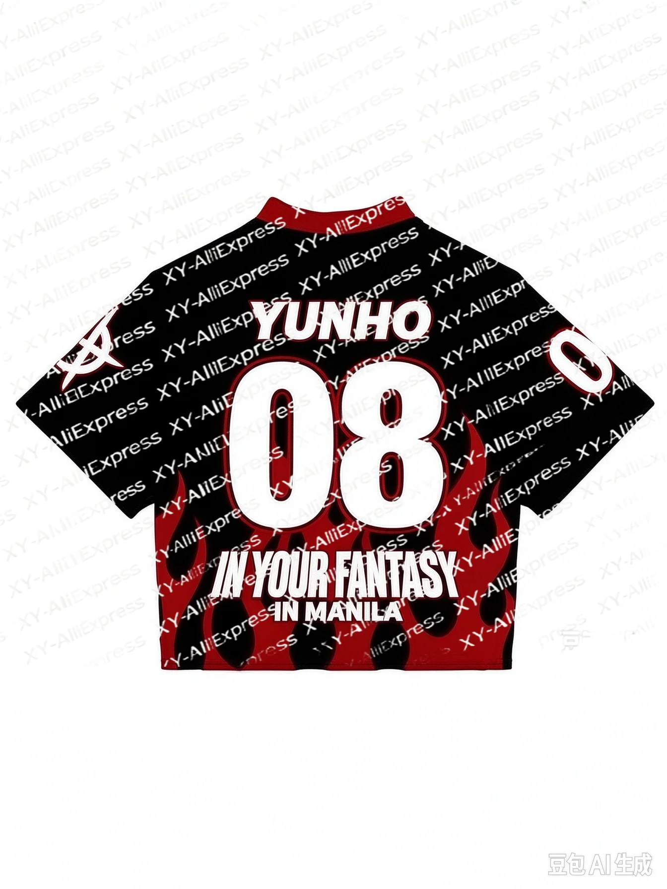 Edgy Red Black Flame Cropped Sport Tee, V Neck Breathable Mesh Top, Perfect for K-pop Events, Festivals and Trendy Daily Wear