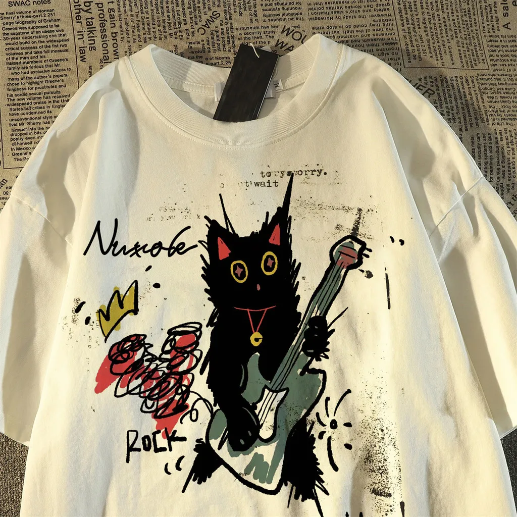 Women's Summer T-shirt Cute Black Cat Guitar Print Short Sleeve Crew Neck Casual Loose Tee Y2K Streetwear Tops