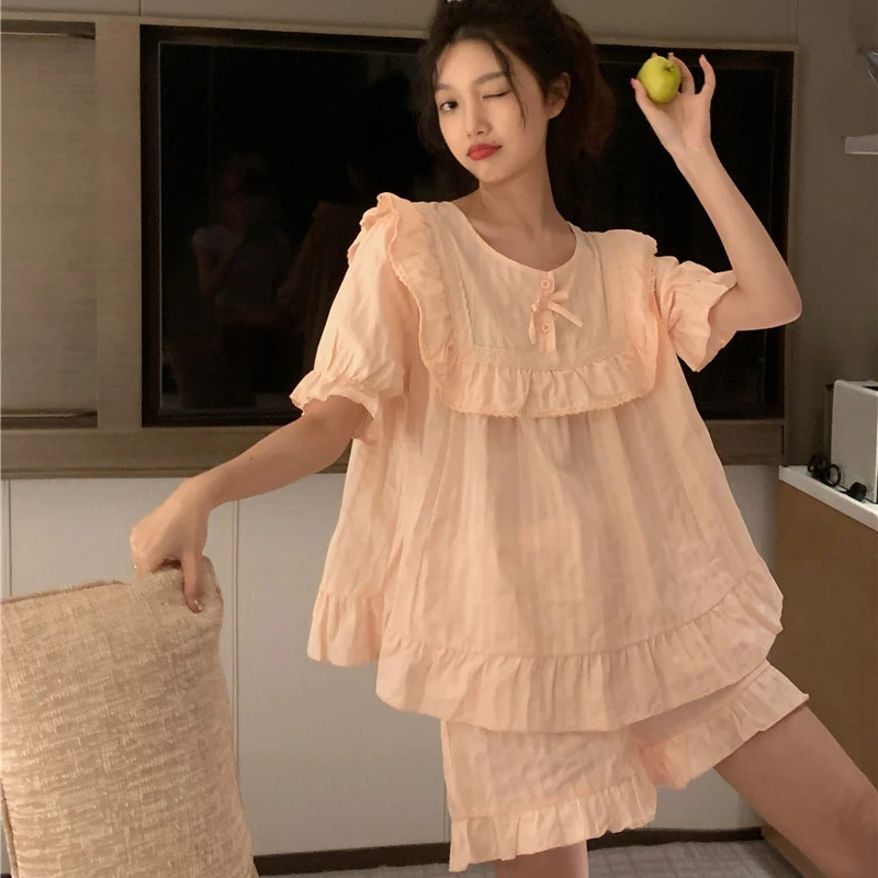 

Cotton Jacquard Lace Sweet Princess Loose Leisure Wear Pajamas Set Women Sweet Pink Kawaii Summer Home Suit Korean Sleepwear