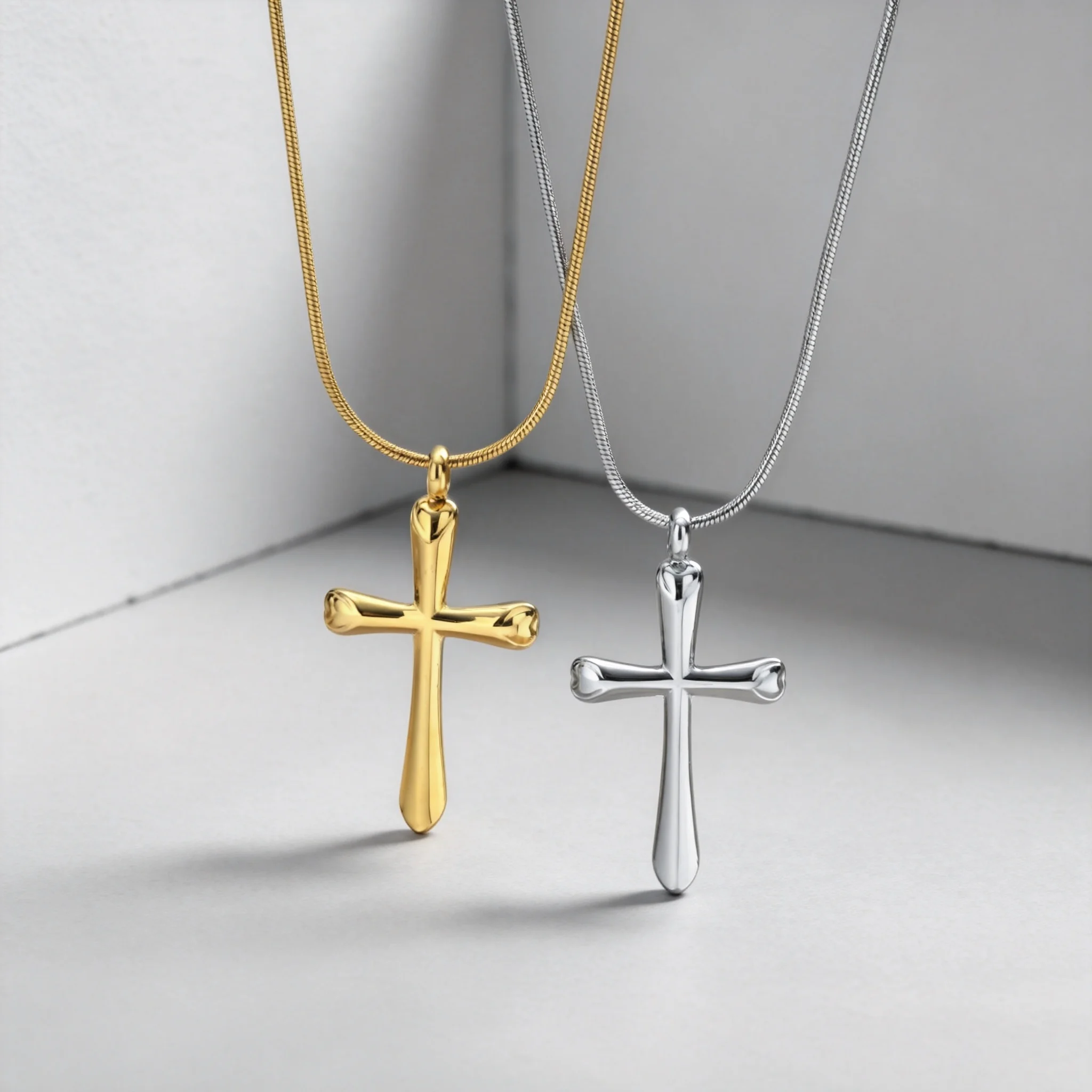 Round Snake Chain Cross Necklace for Men Women, Stainless Steel Smooth Pendant, Daily Christian Jewelry Gift