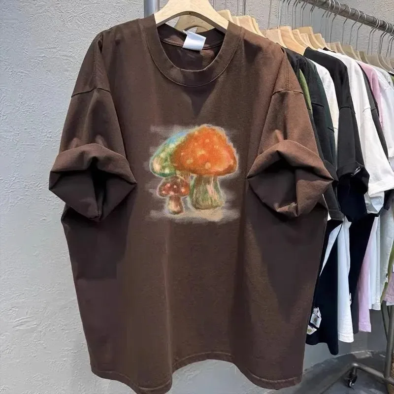 Women Oversize Vintage Mushroom Print Pure Cotton Short Sleeve T Shirt Loose High Grade Casual Summer Tees