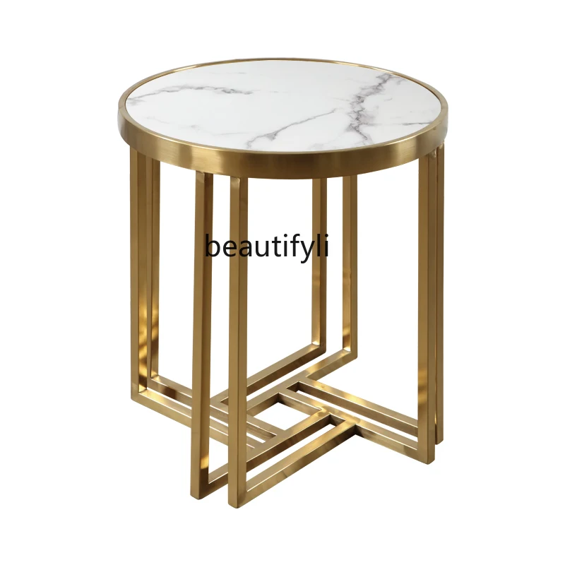 

Stainless steel round marble edge table, modern simple small coffee table metal custom sofa side table cabinet round table