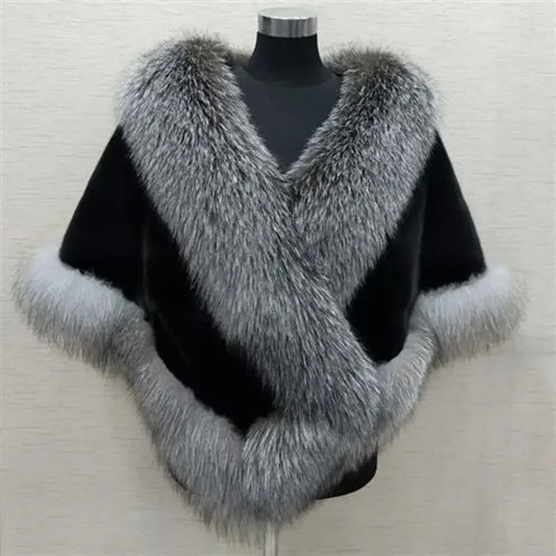 Temperament Solid Color Mink Fox Hair Splicing Shawl Coat,Women's Autumn and Winter Fashion New Cape Imitation Fur Bat Cape Coat