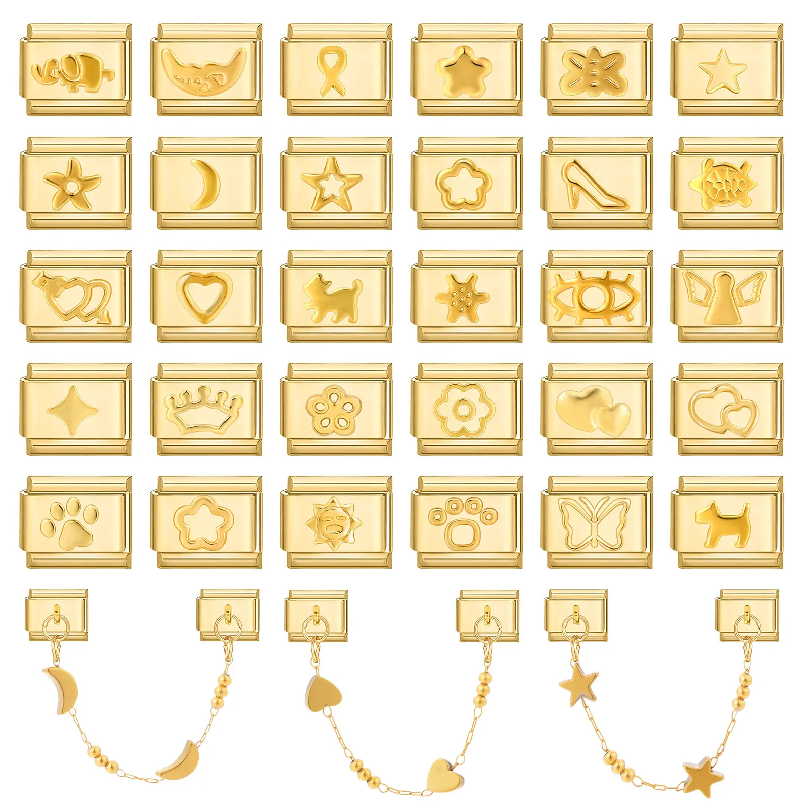 Gold Color Flower Cat Paw Star Moon Heart Sun Tassel Chain Italian Charm Links Fit 9mm Stainless Steel Bracelet Women DIY Making